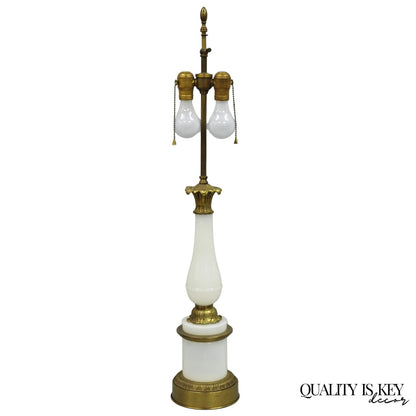 Vintage French Neoclassical Style White Opaline Glass Column Brass Table Lamp