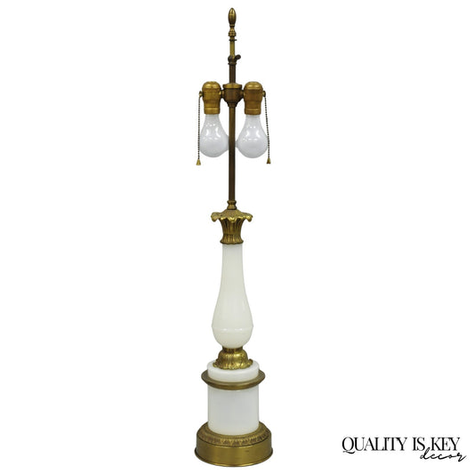 Vintage French Neoclassical Style White Opaline Glass Column Brass Table Lamp