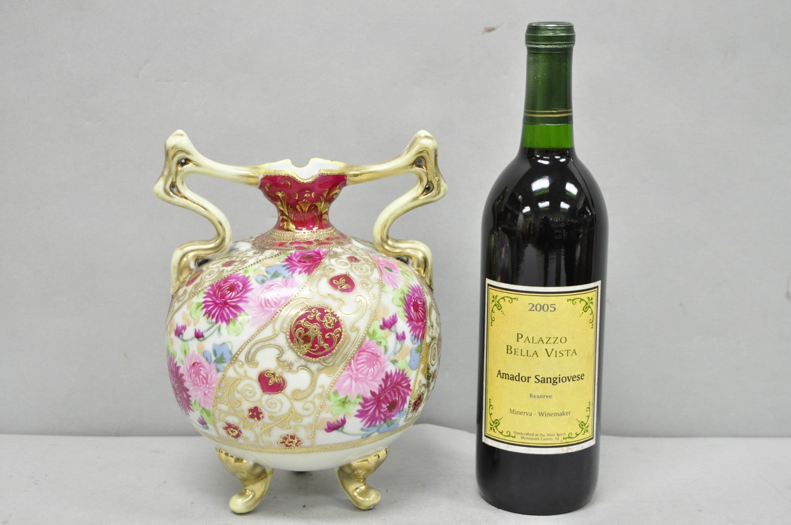 Antique Nippon Moriage Porcelain Twin Handle Ball Vase w/ Hand Painted Roses (B)