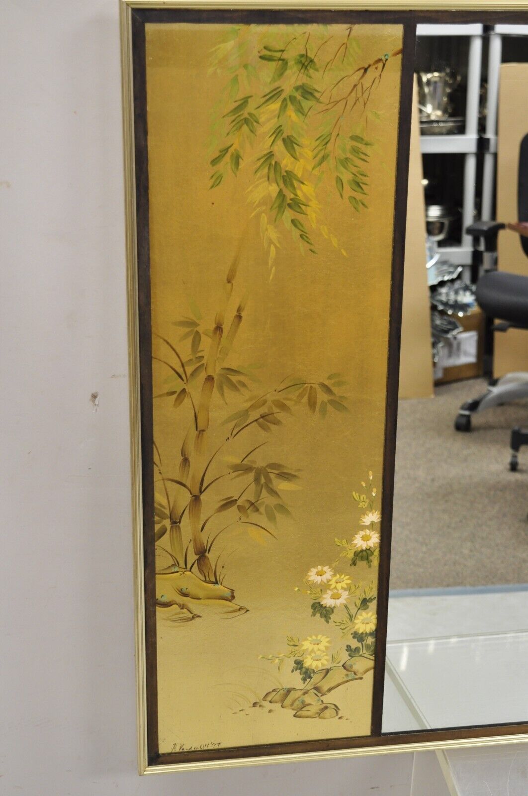 Vintage LaBarge Chinoiserie Floral Gold Gilt Decorated Rectangular Wall Mirror
