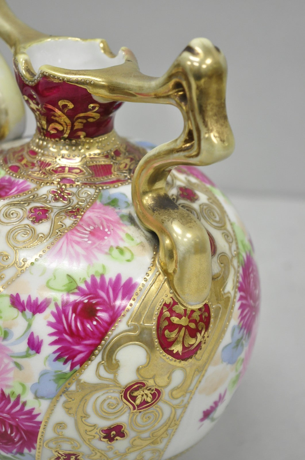 Antique Nippon Moriage Porcelain Twin Handle Ball Vase w/ Hand Painted Roses