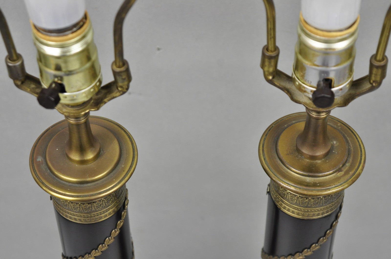 Vintage French Empire Style Black Column Brass Ormolu Bouillotte Table Lamp Pair