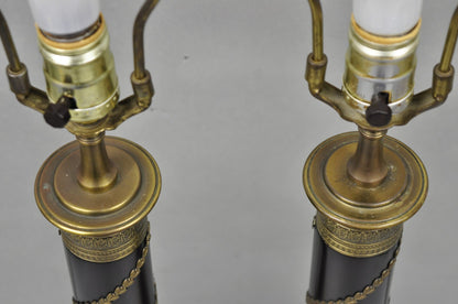 Vintage French Empire Style Black Column Brass Ormolu Bouillotte Table Lamp Pair