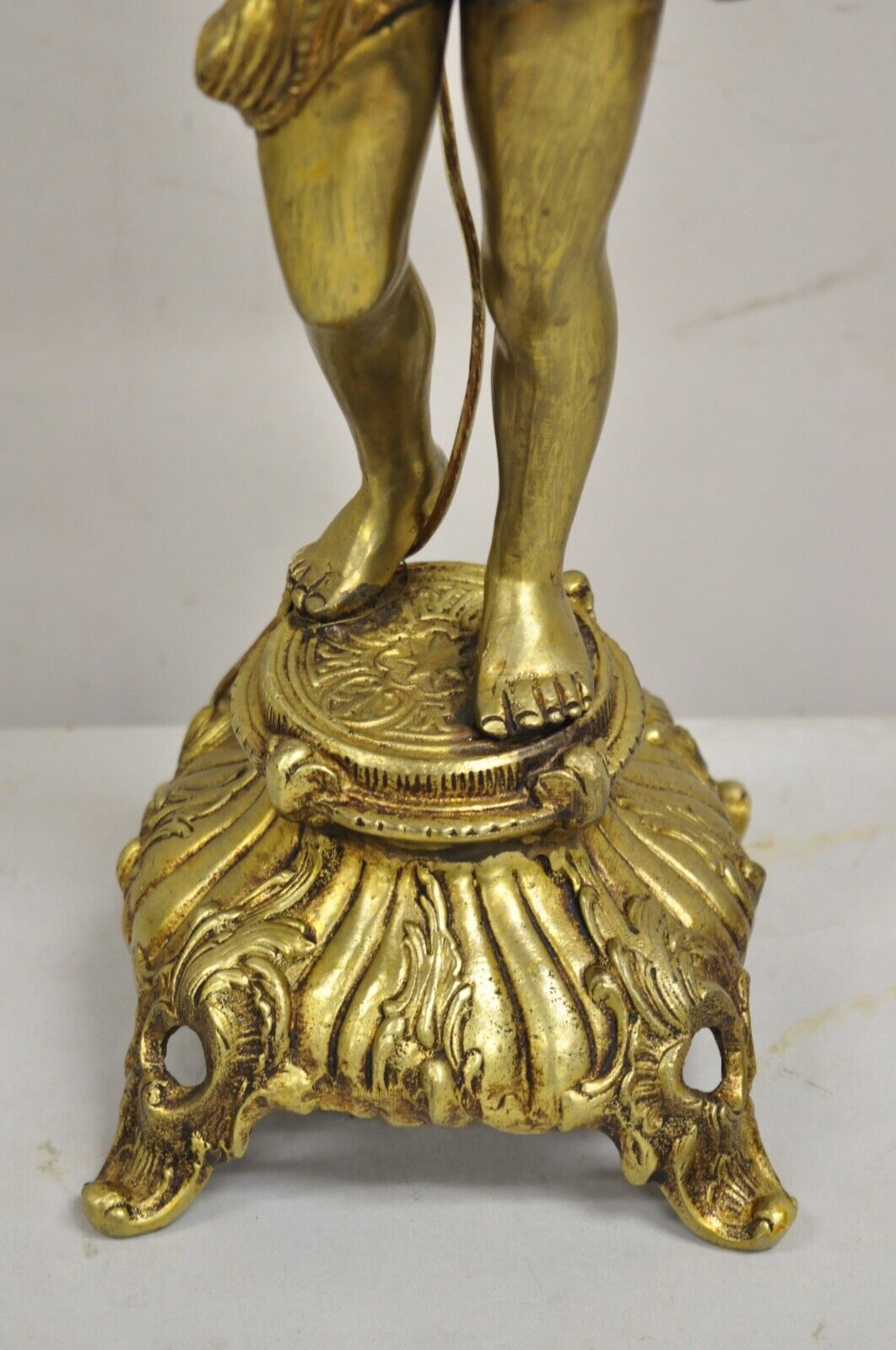 Vintage French Renaissance Brass Rococo Gold Figural Cherub Putti Table Lamp