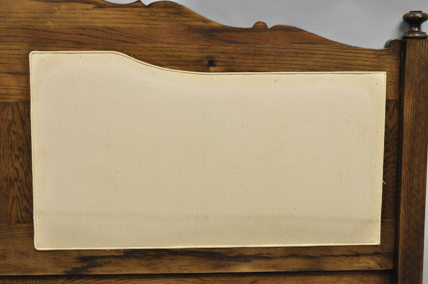 Vintage French Country Provincial Oak Wood Upholstered Panel King Bed Headboard