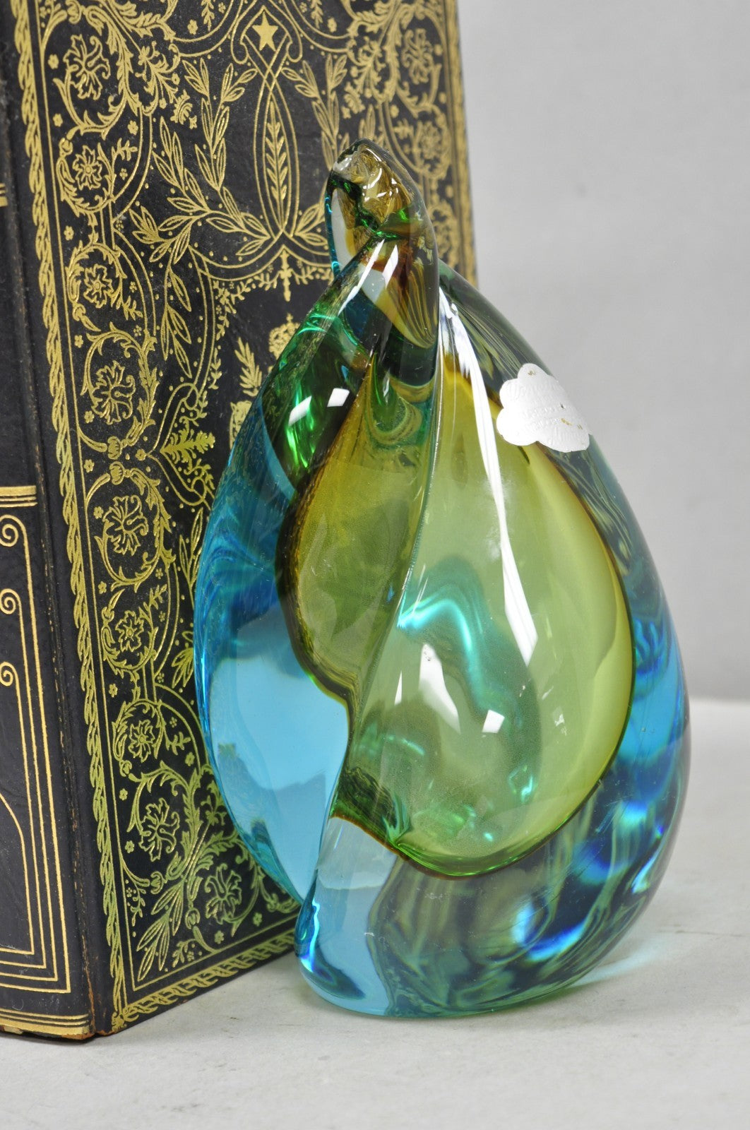 Mid Century Modern Alfredo Barbini Murano Italy Blue Art Glass Flame Bookends