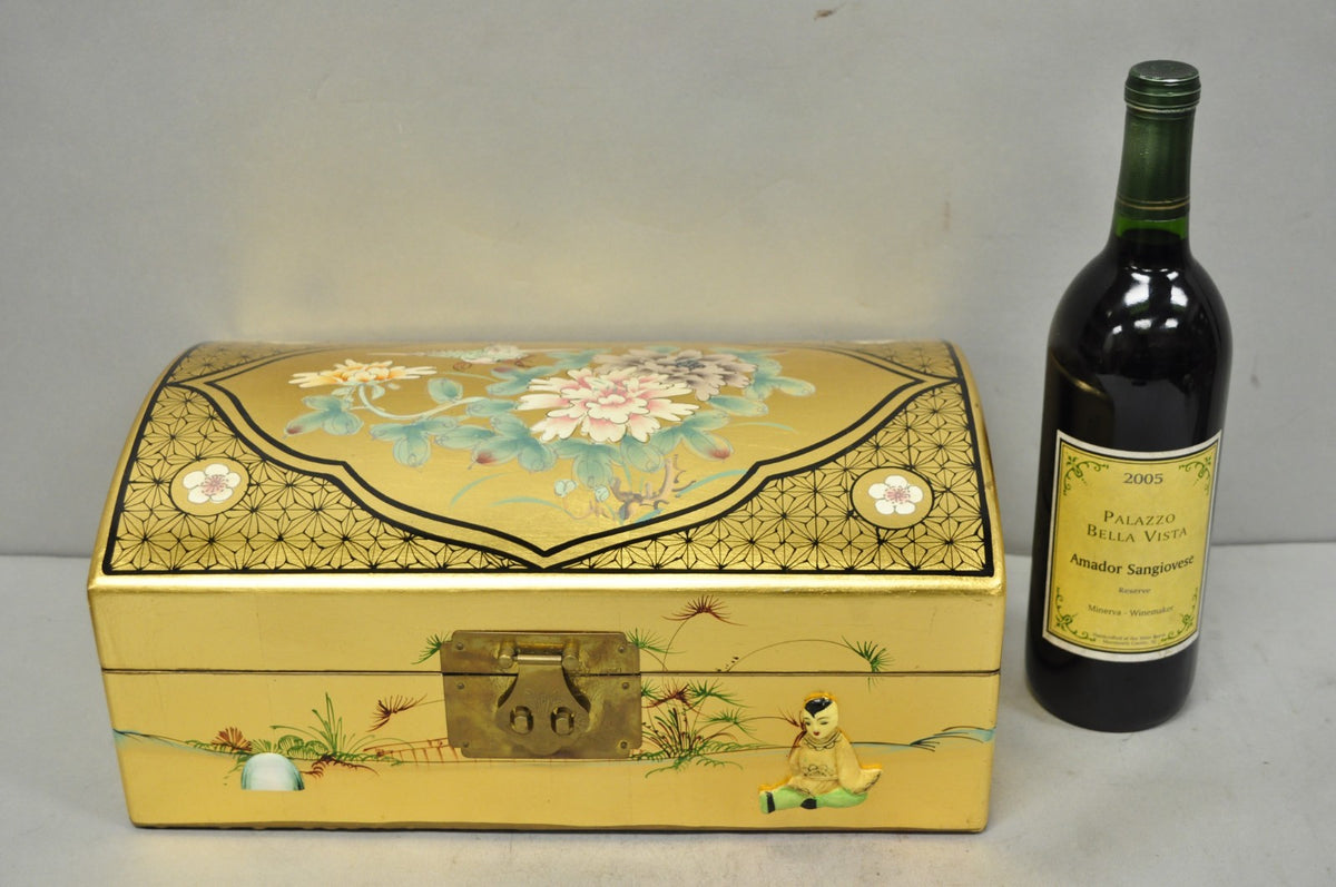 Vintage Chinese Oriental Gold Leaf Dome Lid Jewelry Box w/ Soapstone Figures