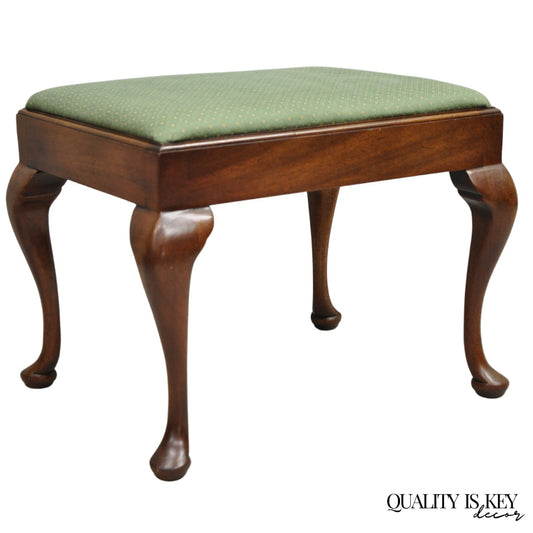 Vintage Queen Anne Style Mahogany Wood Green Upholstered Footstool Ottoman