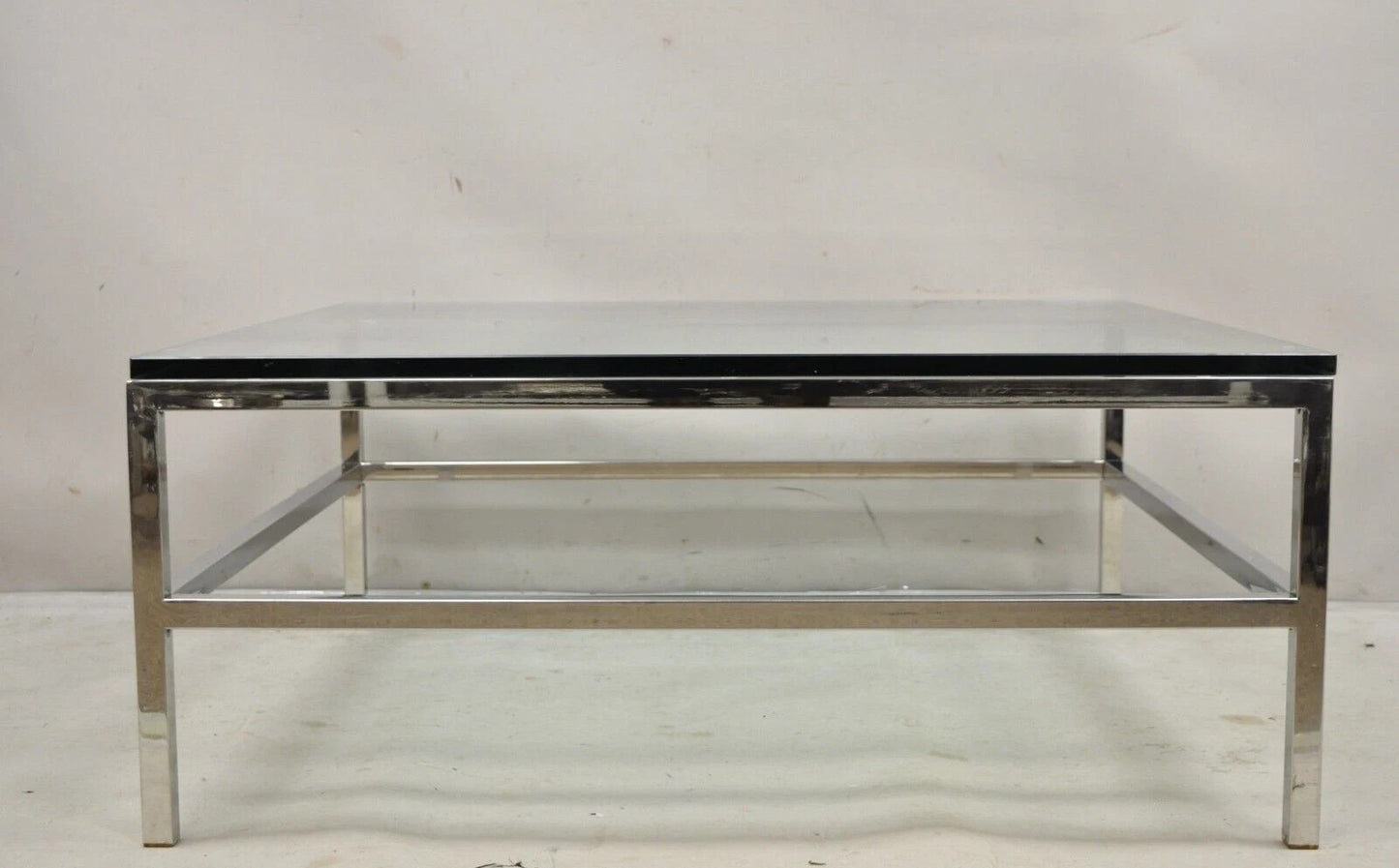 Vintage Mid Century Modern Milo Baughman Style Chrome Glass Square Coffee Table