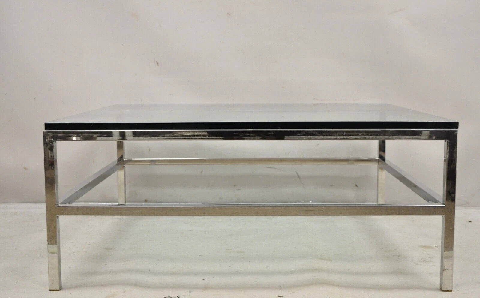 Vintage Mid Century Modern Milo Baughman Style Chrome Glass Square Coffee Table