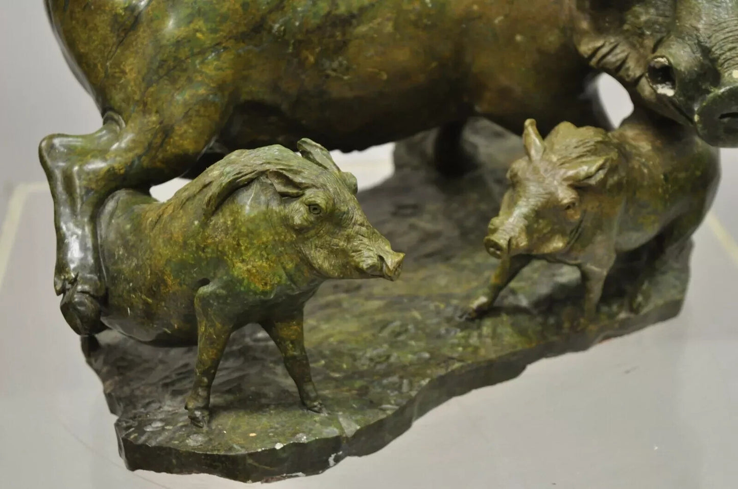 James Tandi African Wild Boar Green Carved Verdite Hardstone Sculpture Figure