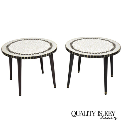 Vintage Mid Century Modern Mosaic Tile Top Round Low Side Tables - a Pair