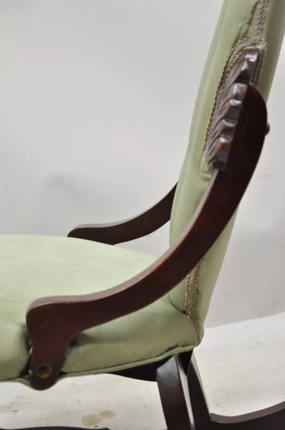 Vintage Children's Victorian Small Cherry Wood Green Rocking Chair Rocker