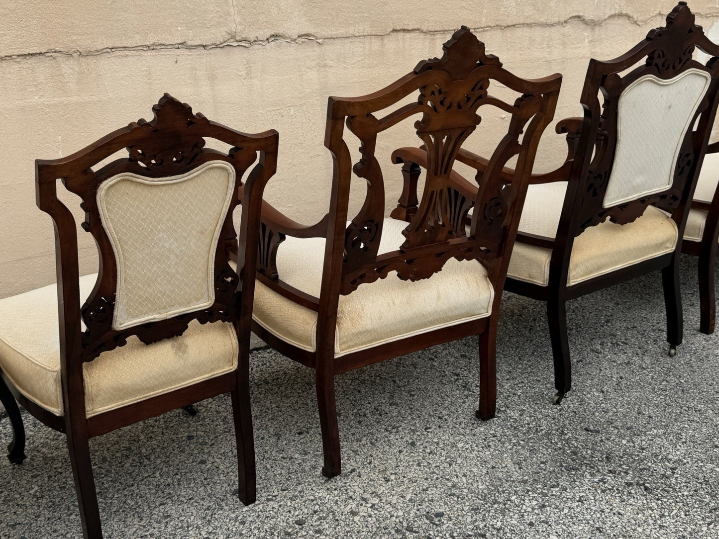 Antique Victorian Carved Mahogany Inlaid Parlor Set Sofa and 4 Chairs - 5 Pcs