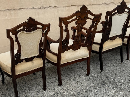 Antique Victorian Carved Mahogany Inlaid Parlor Set Sofa and 4 Chairs - 5 Pcs
