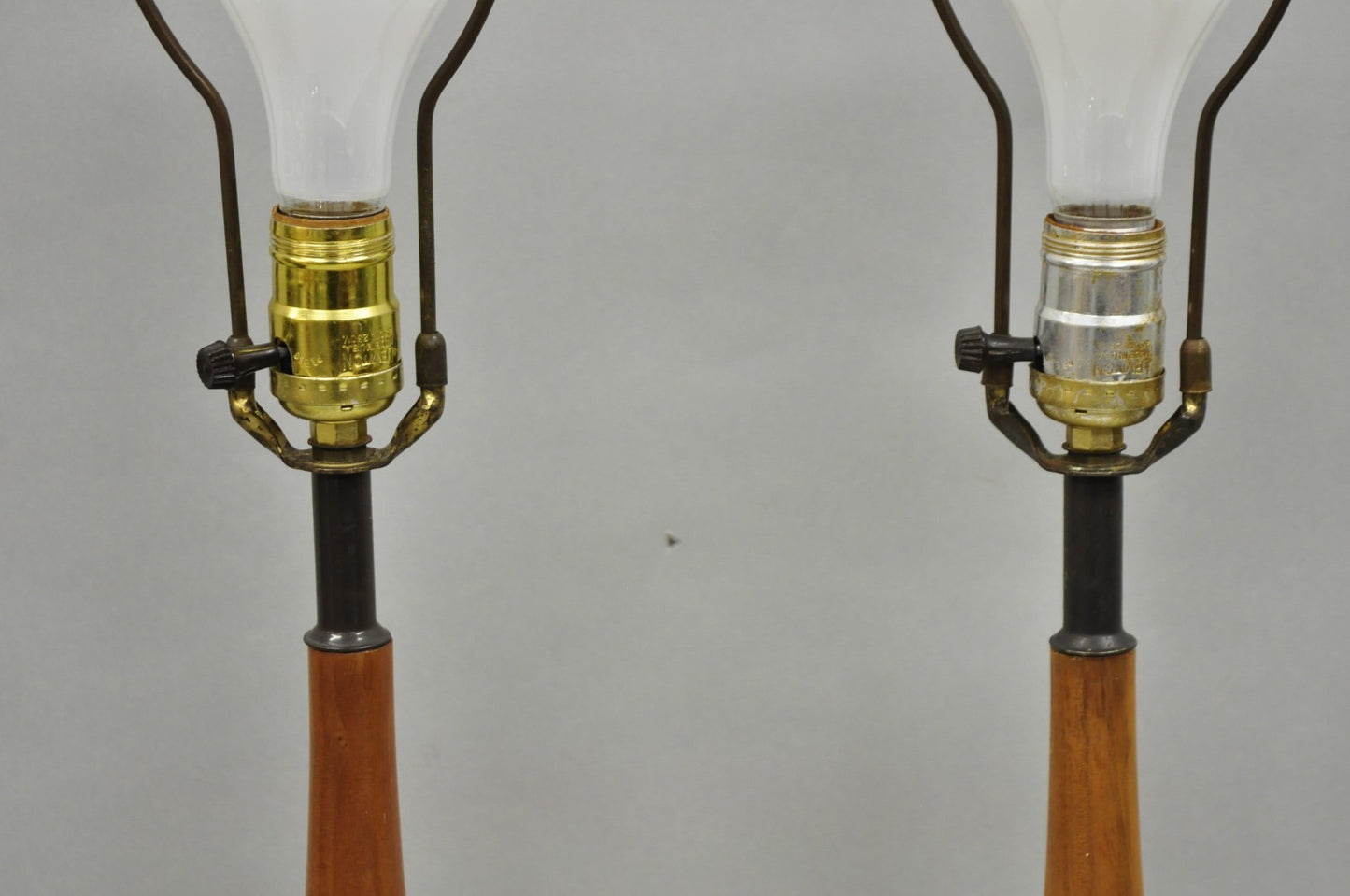 Vintage Mid Century Modern Sculpted Ceramic Pottery & Walnut Table Lamps - Pair
