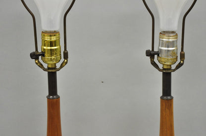 Vintage Mid Century Modern Sculpted Ceramic Pottery & Walnut Table Lamps - Pair
