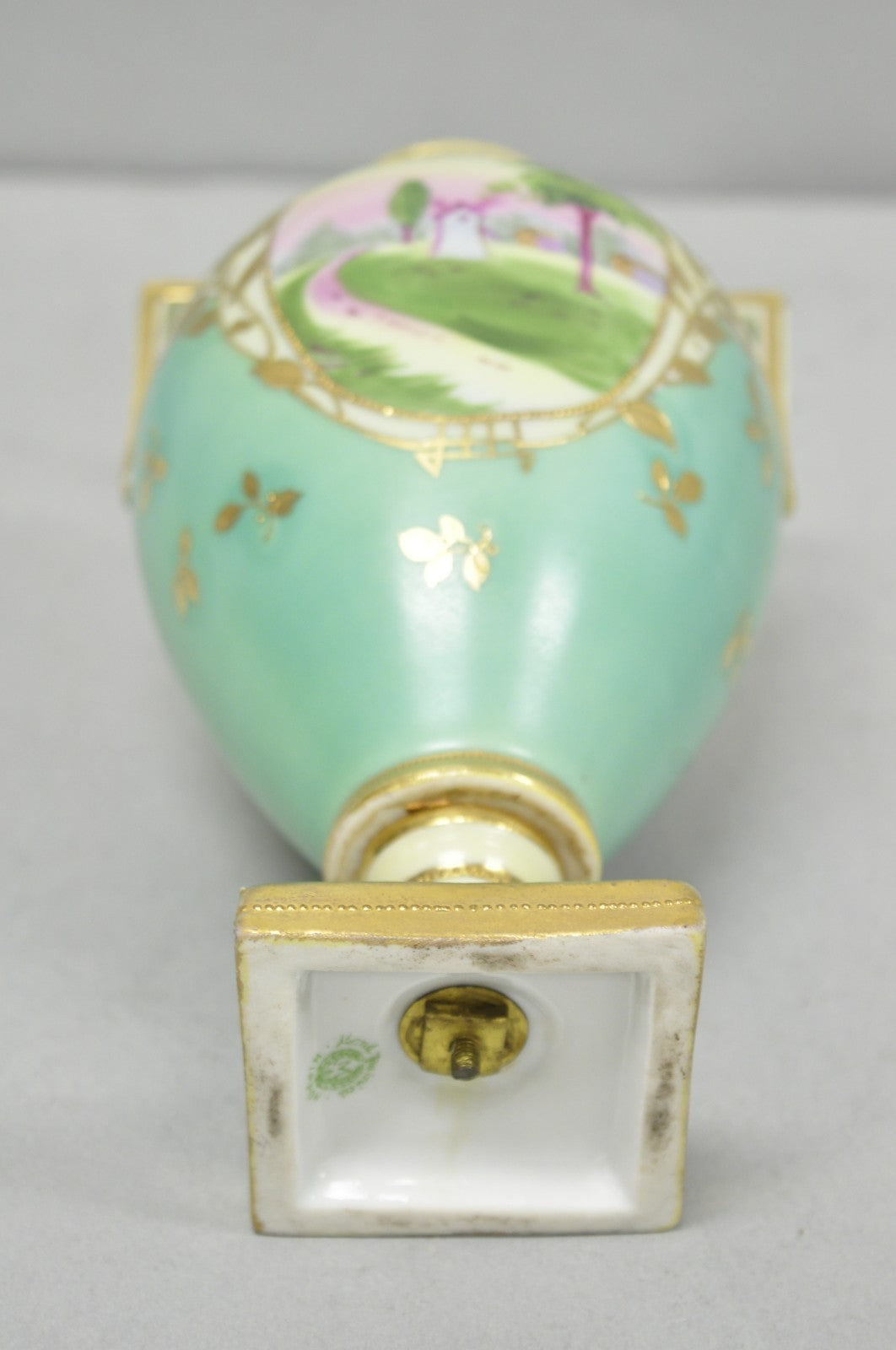 Antique Nippon Hand Painted Porcelain Windmill Scene Green Small Bolted Vase