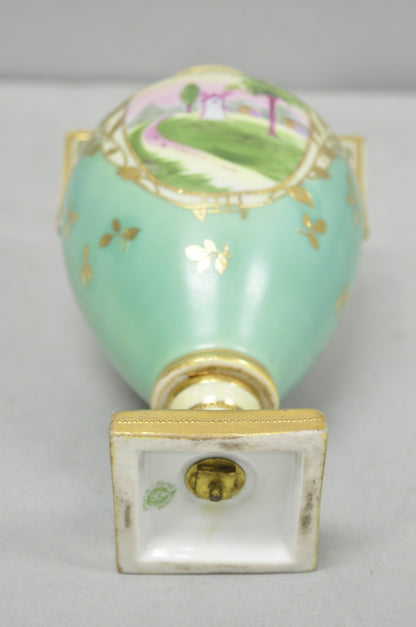 Antique Nippon Hand Painted Porcelain Windmill Scene Green Small Bolted Vase