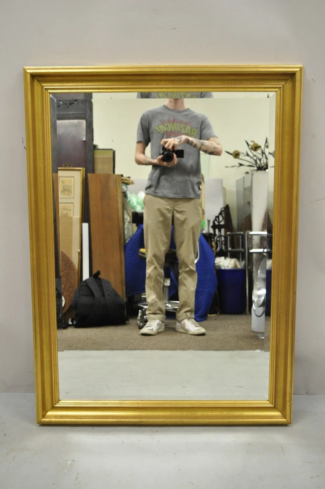 Vintage French Hollywood Regency Style Gold Wood Frame 46" Rectangle Wall Mirror