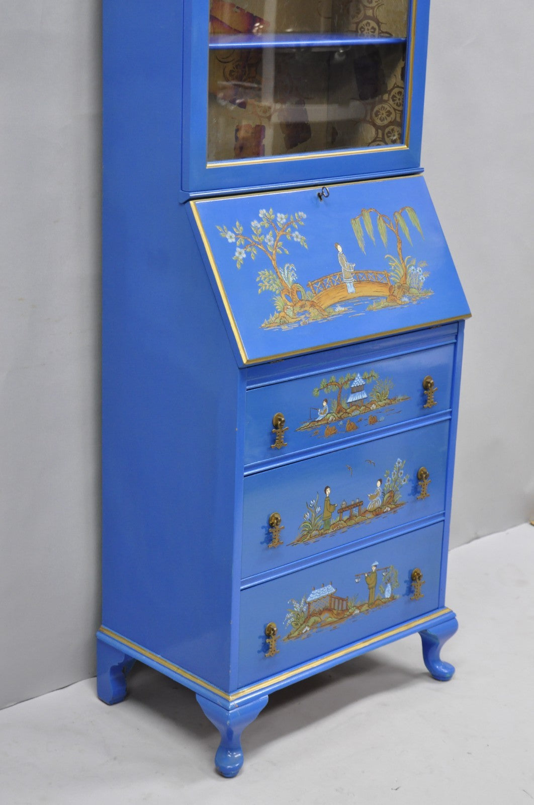 Vintage Chinoiserie Blue Hand Painted Gold Gilt Narrow Bookcase Secretary Desk