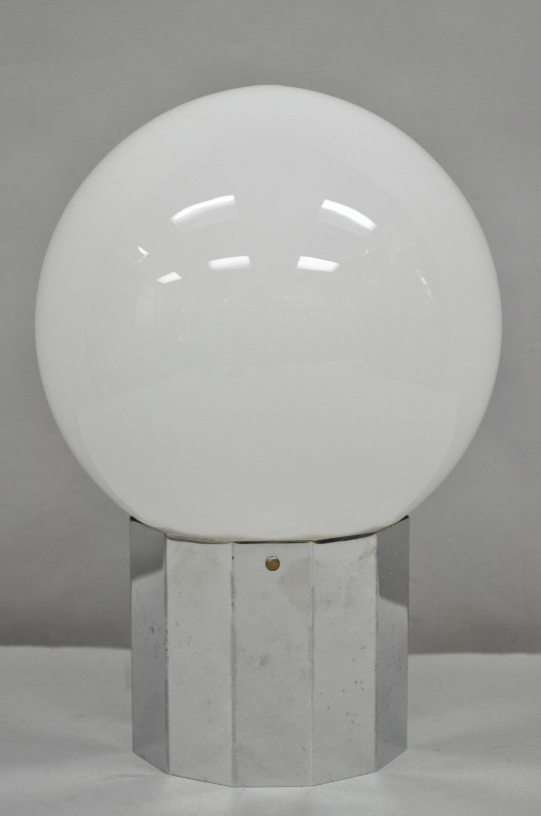 Vintage Mid Century Modern Faceted Chrome Base White Glass Ball Small Table Lamp