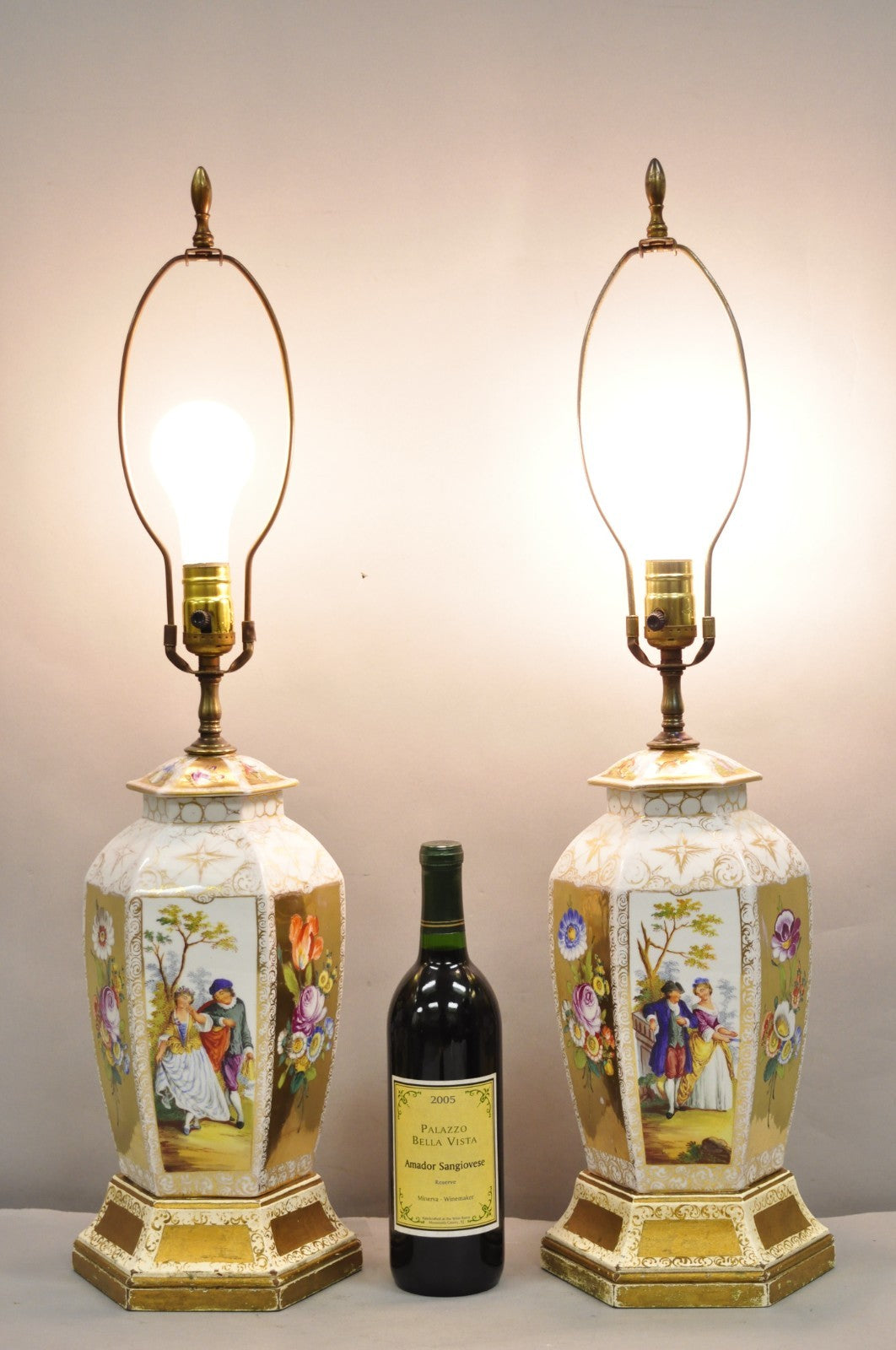 Antique French Victorian Hand Painted Gold Gilt Ginger Jar Table Lamps - a Pair