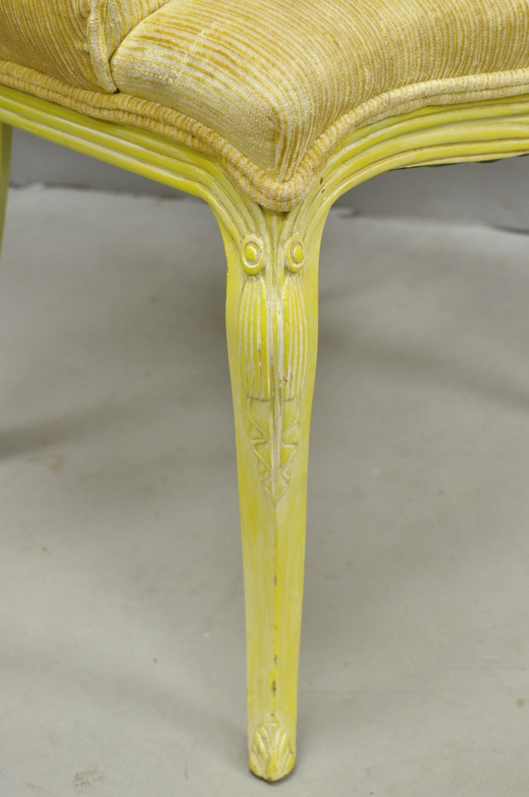 Vintage French Hollywood Regency Yellow Tufted Drape Carved Side Chairs - a Pair