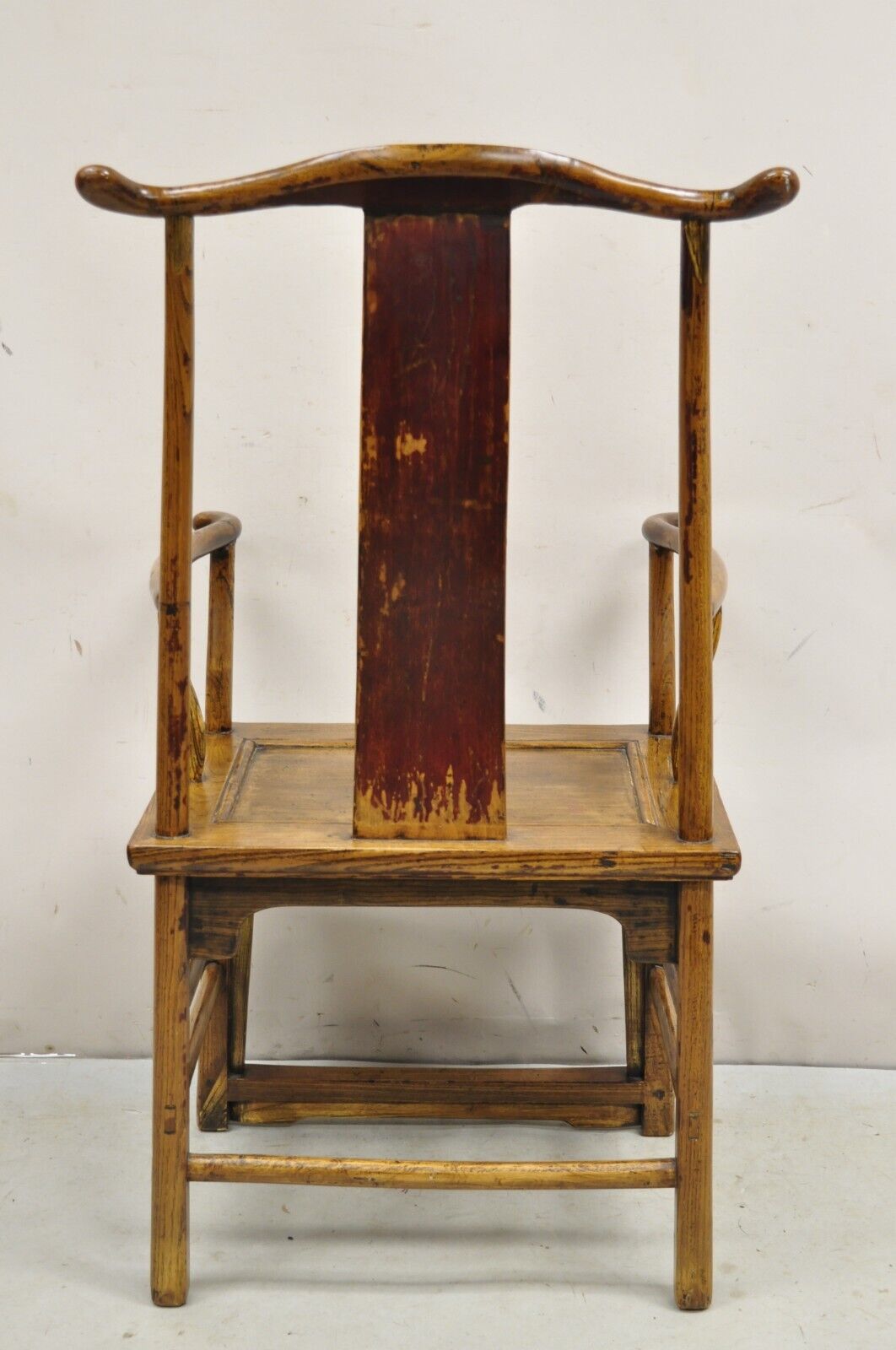 Vintage Chinese Elm Wood Ming Yoke Back Lacquered Asian Scholars Arm Chair