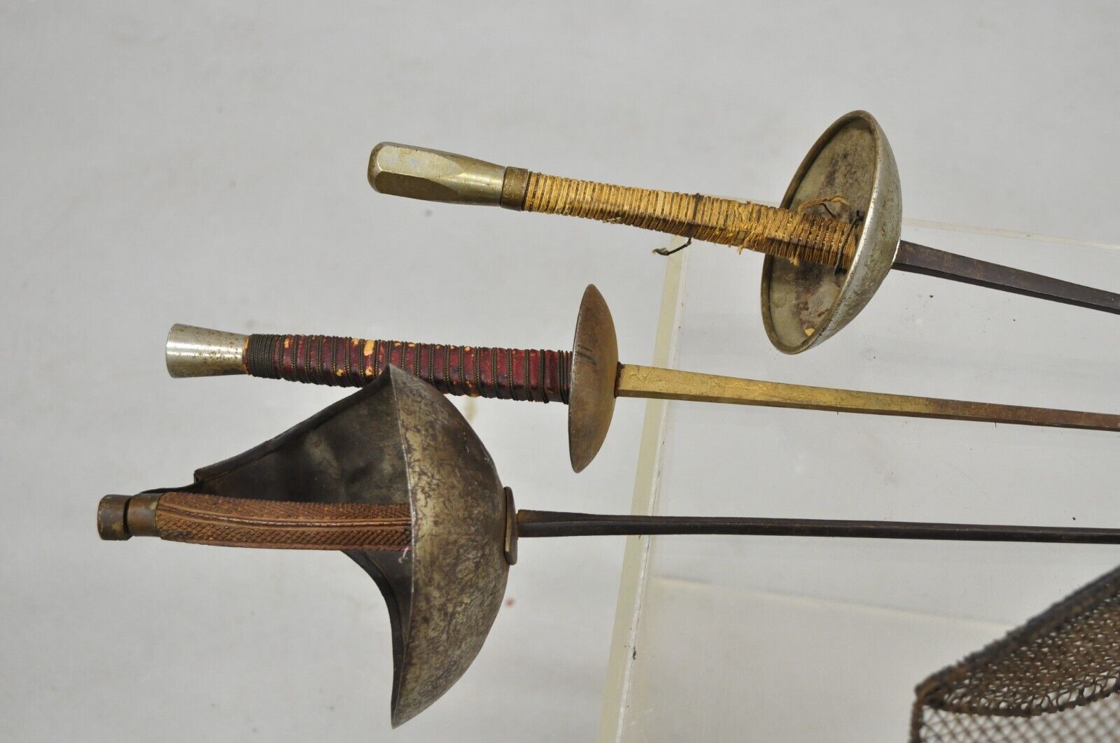 Vintage Metal Fencing Set 3 Swords and Leather Lined Face Mask - 4 Pcs