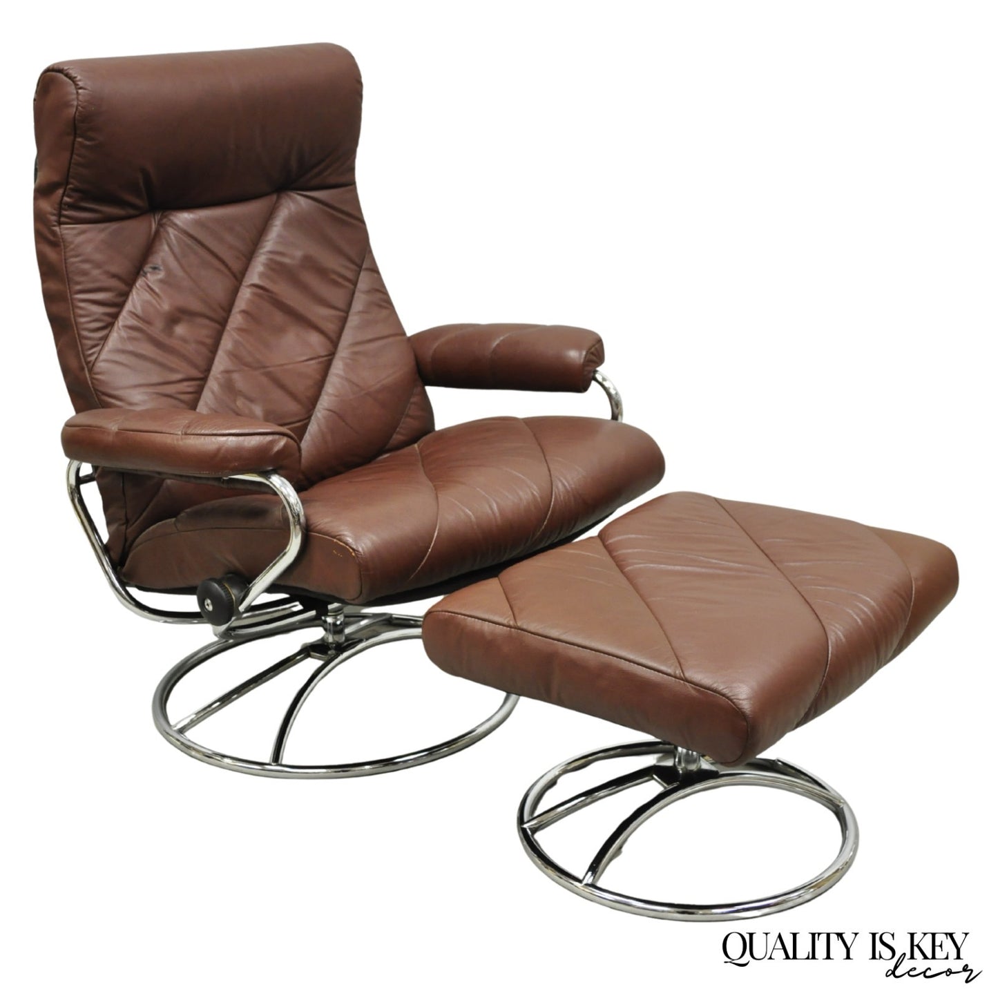 Vintage Ekornes Stressless Brown Leather Reclining Swivel Lounge Chair & Ottoman
