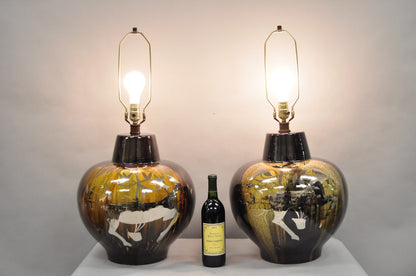Mid Century Modern Sunset Cosco Ram Brown Drip Glaze Pottery Table Lamps Pair B