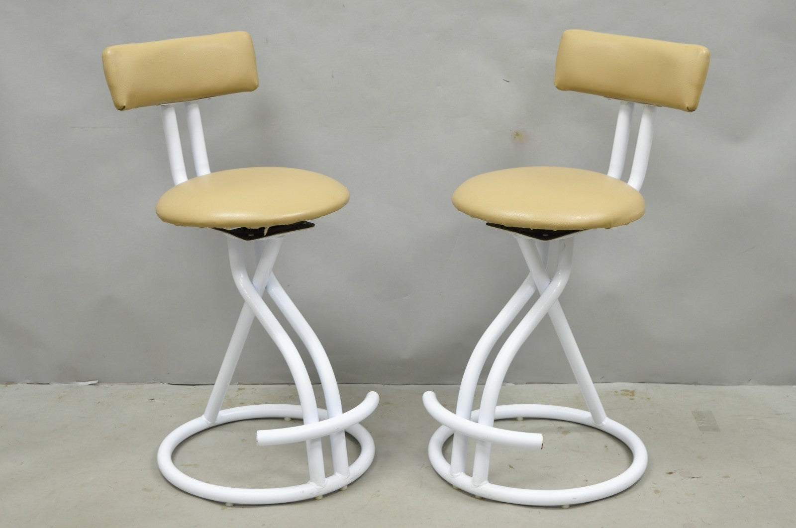Vintage Postmodern Memphis Style White Tubular Metal Swivel Bar Stools  - a Pair