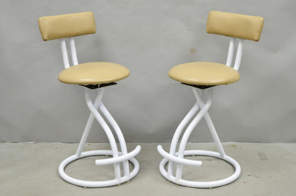 Vintage Postmodern Memphis Style White Tubular Metal Swivel Bar Stools  - a Pair