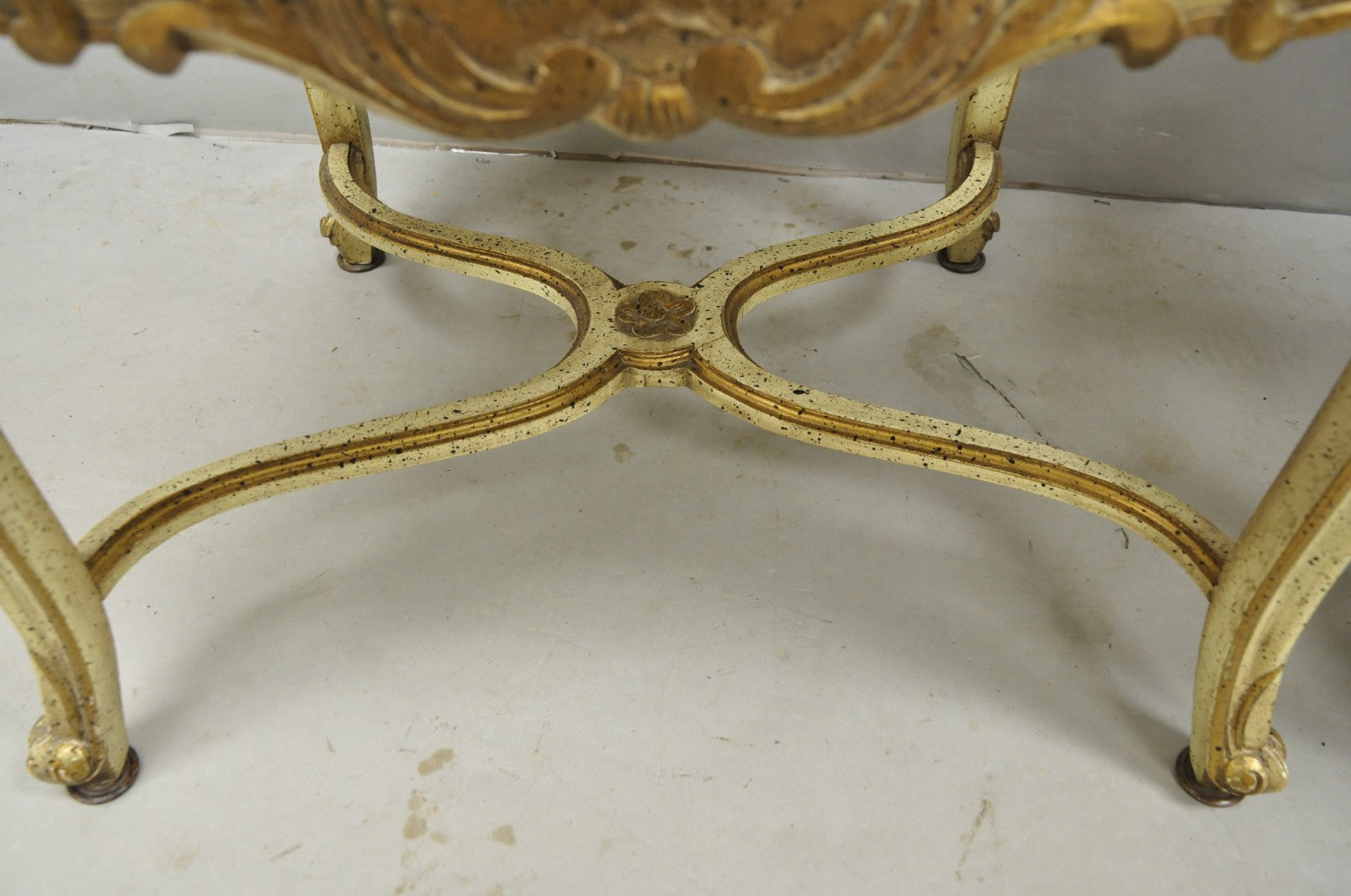 Vintage French Louis XV Style Cream Painted Carved Wood Cane Arm Chairs - a Pair