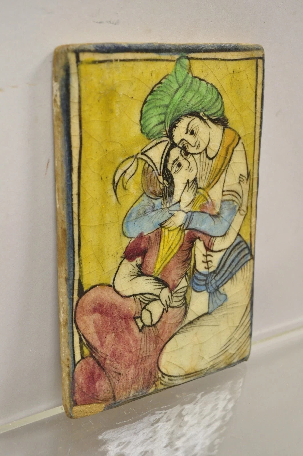 Antique Persian Iznik Qajar Style Ceramic Yellow Pottery Tile Loving Couple B C5