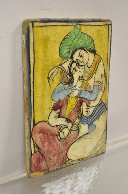 Antique Persian Iznik Qajar Style Ceramic Yellow Pottery Tile Loving Couple B C5