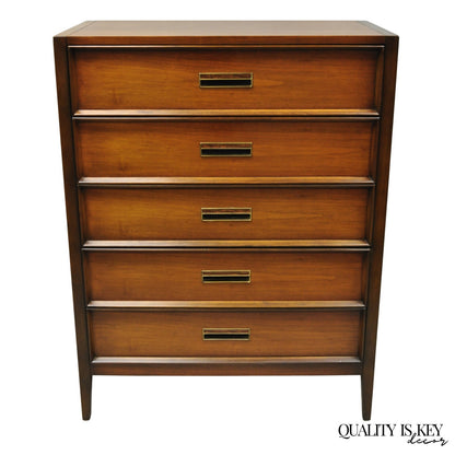 Vintage Drexel Mid Century Modern Walnut 5 Drawer Tall Chest Dresser Highboy