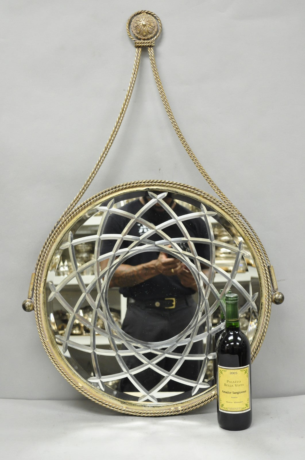 Contemporary Modern Hollywood Regency Round Etched Glass Hanging Wall Mirror