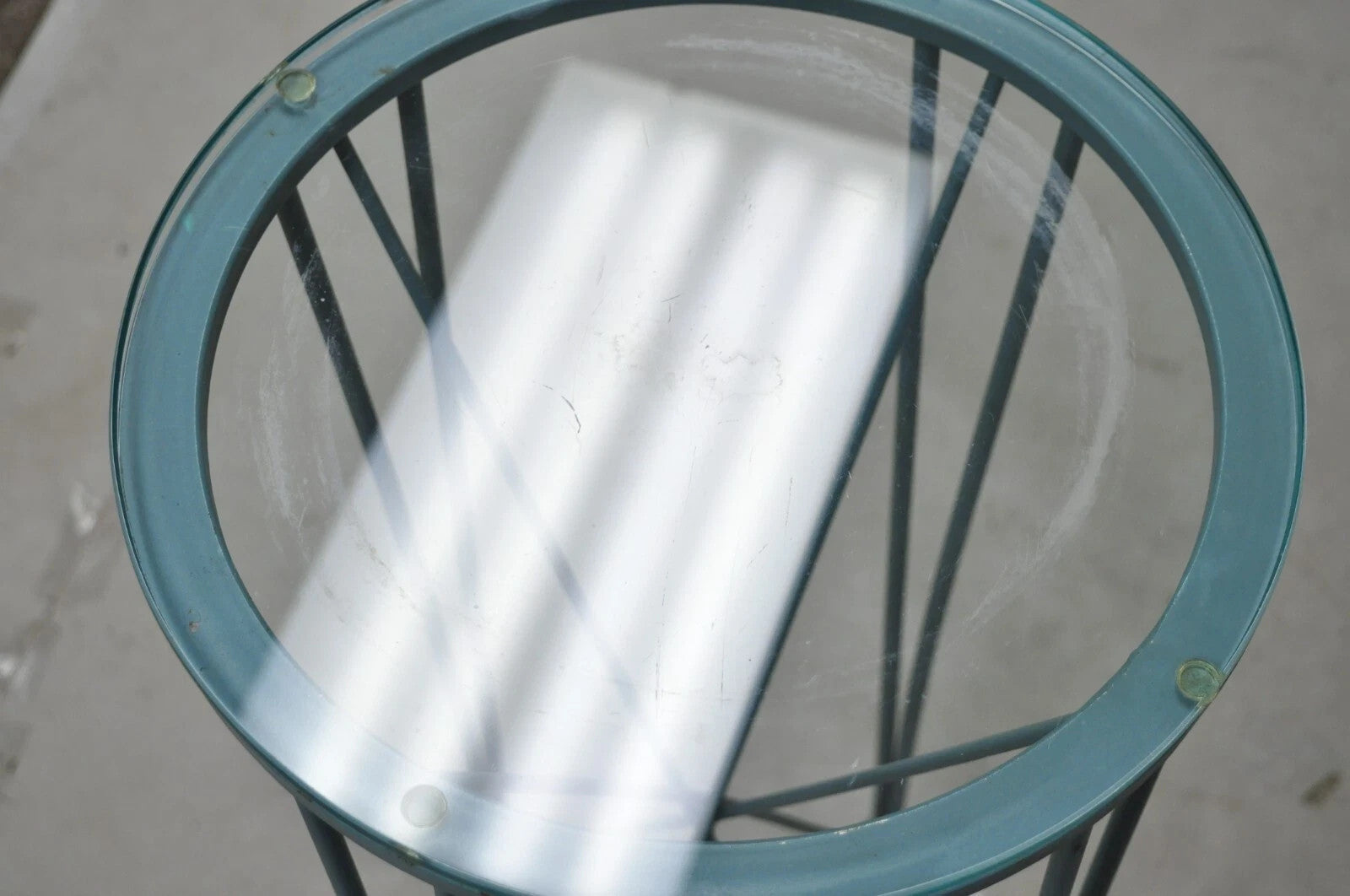 Postmodern Blue Wrought Iron "Skyscraper" Glass Top Pedestal Stand Side Table