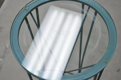 Postmodern Blue Wrought Iron "Skyscraper" Glass Top Pedestal Stand Side Table