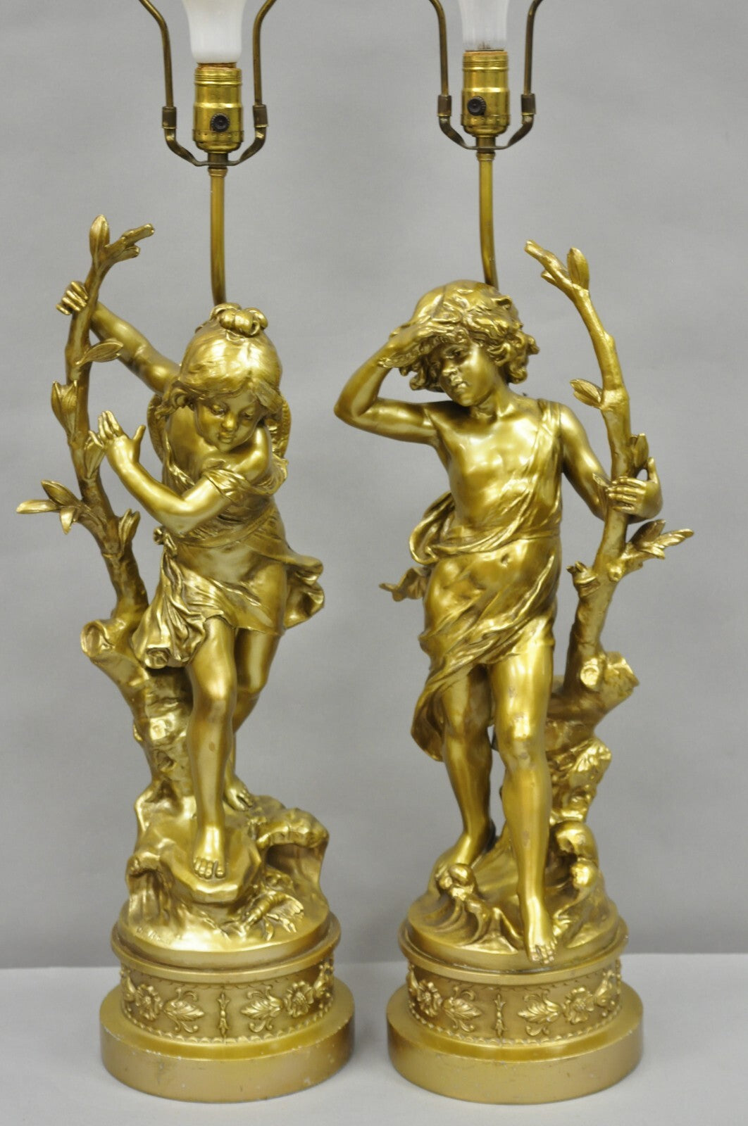Antique L&F Moreau French Renaissance Gold Paint Metal Figural Table Lamps Pair