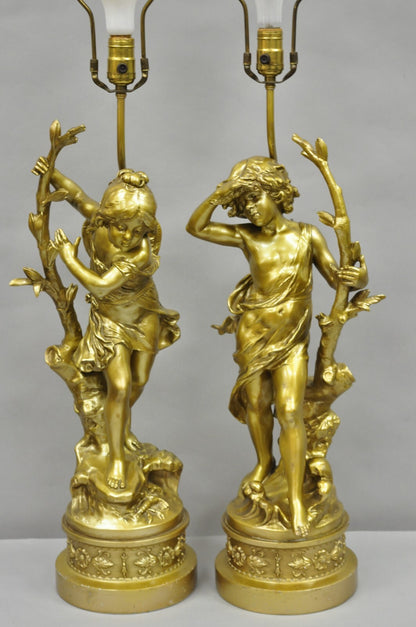 Antique L&F Moreau French Renaissance Gold Paint Metal Figural Table Lamps Pair