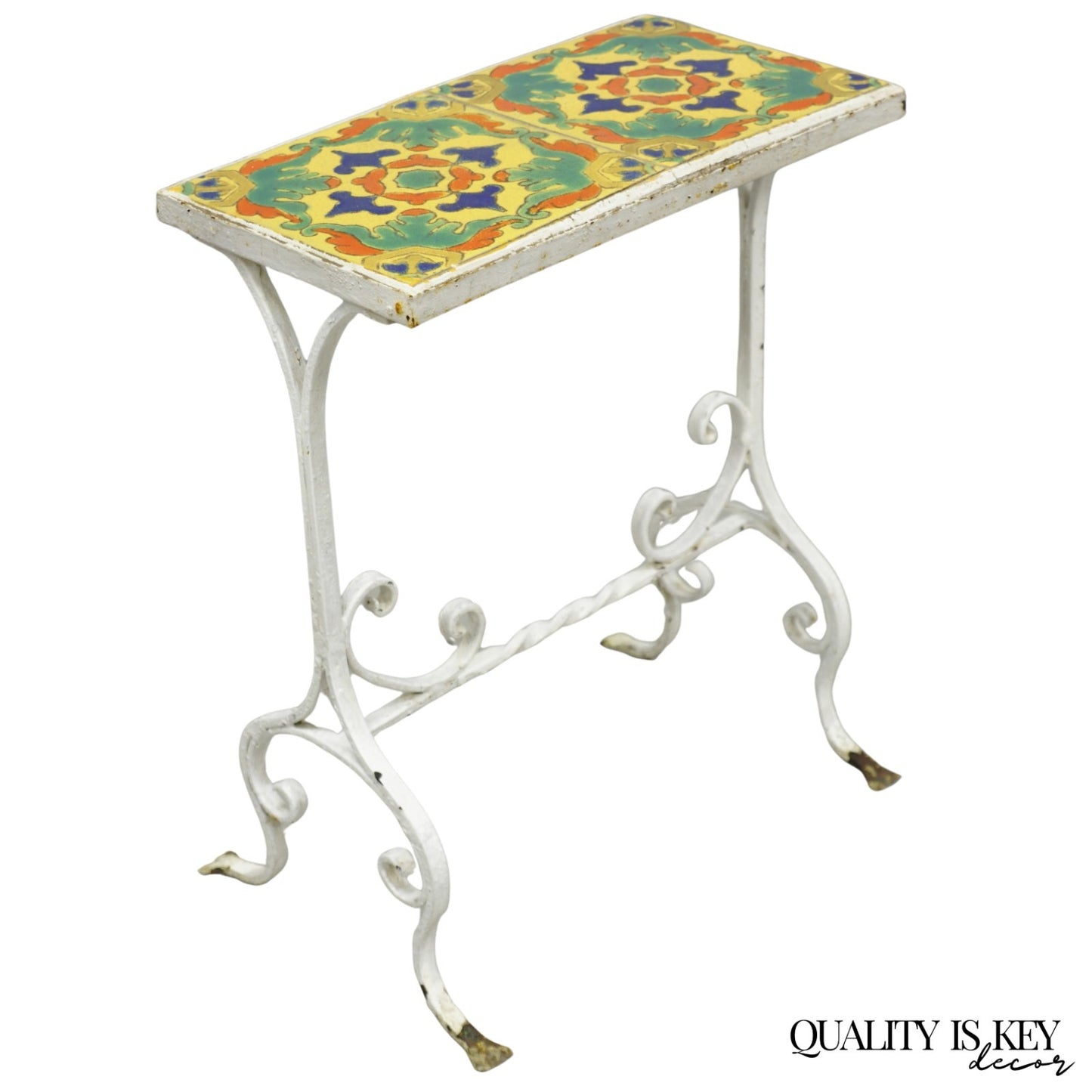 Antique Arts & Crafts Wrought Iron Side Table w/ Catalina California Tile Top