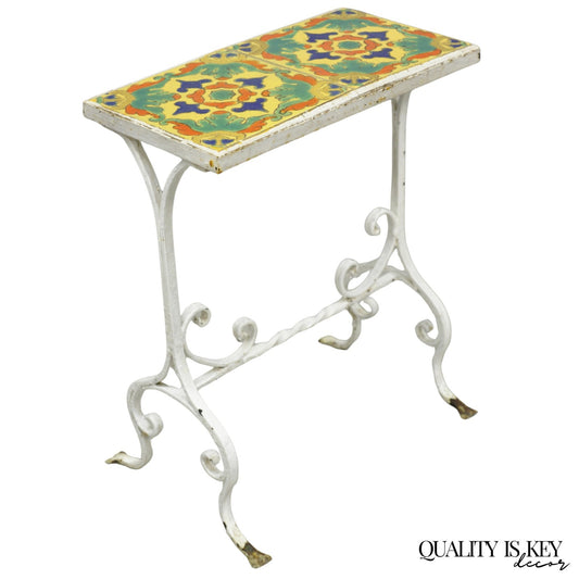 Antique Arts & Crafts Wrought Iron Side Table w/ Catalina California Tile Top