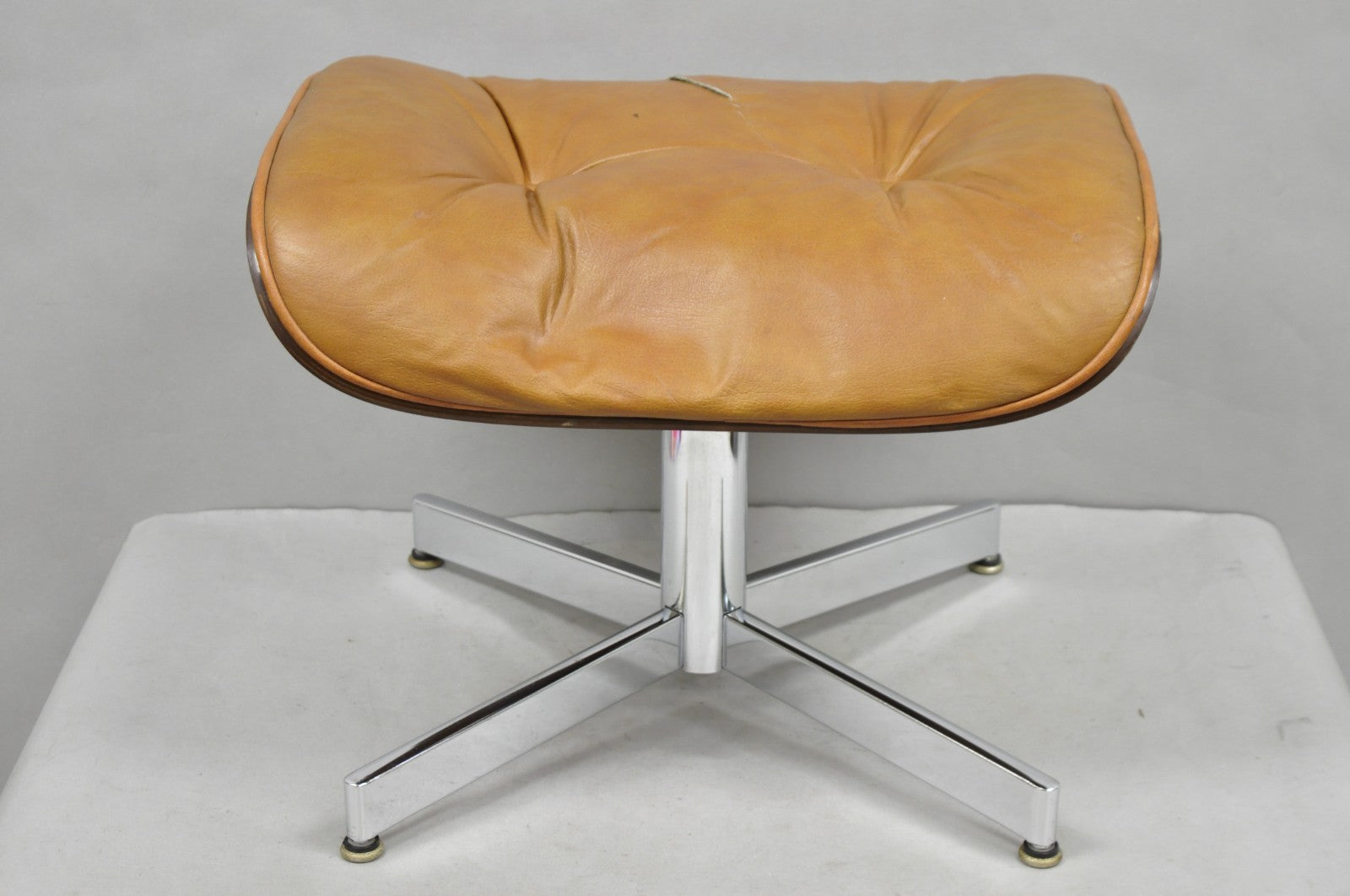 Vintage Selig Mid Century Modern Eames Style Chrome Walnut Footstool Ottoman