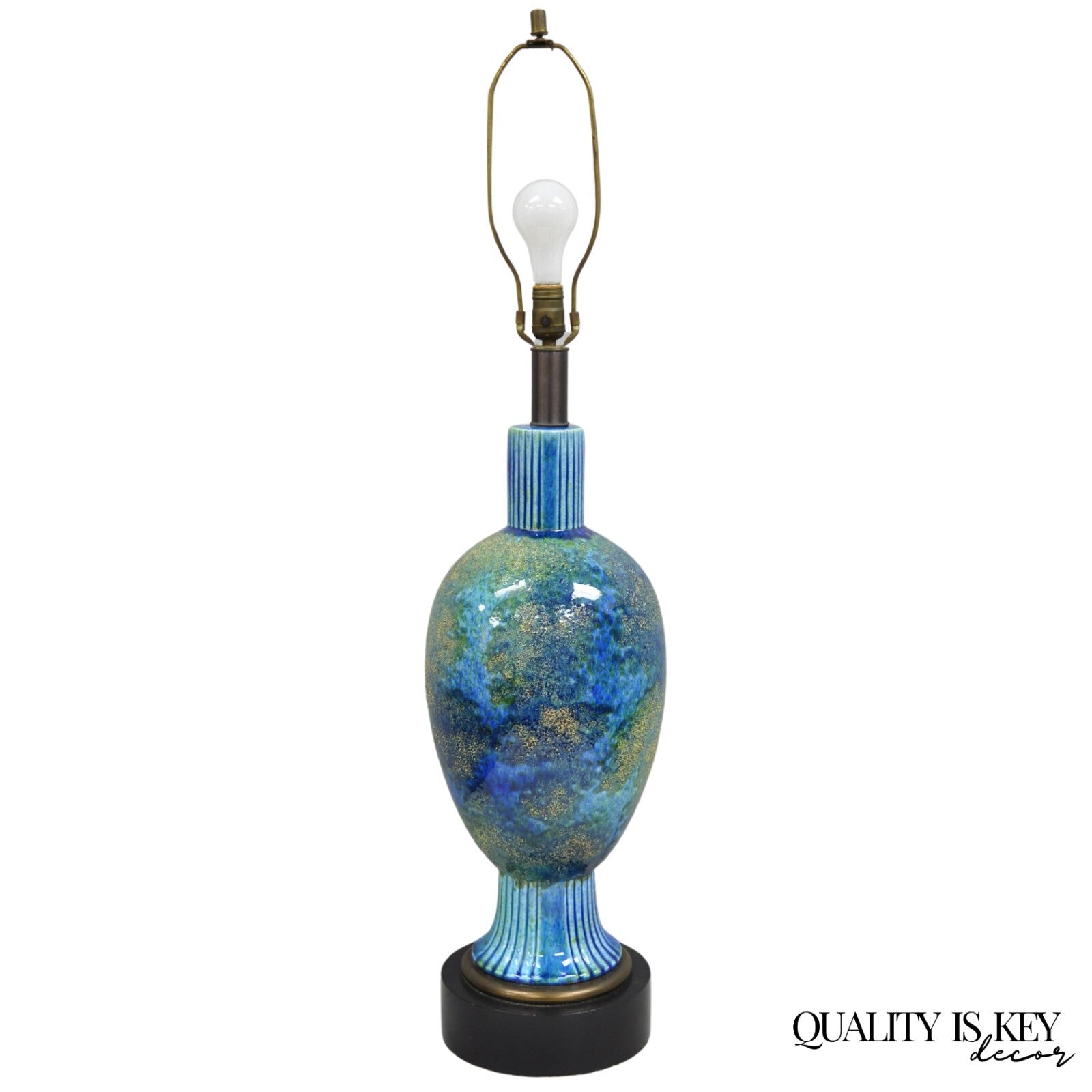Vintage Mid Century Italian Modern Blue Glazed Ceramic Pottery Tall Table Lamp