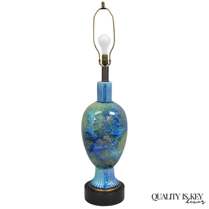 Vintage Mid Century Italian Modern Blue Glazed Ceramic Pottery Tall Table Lamp