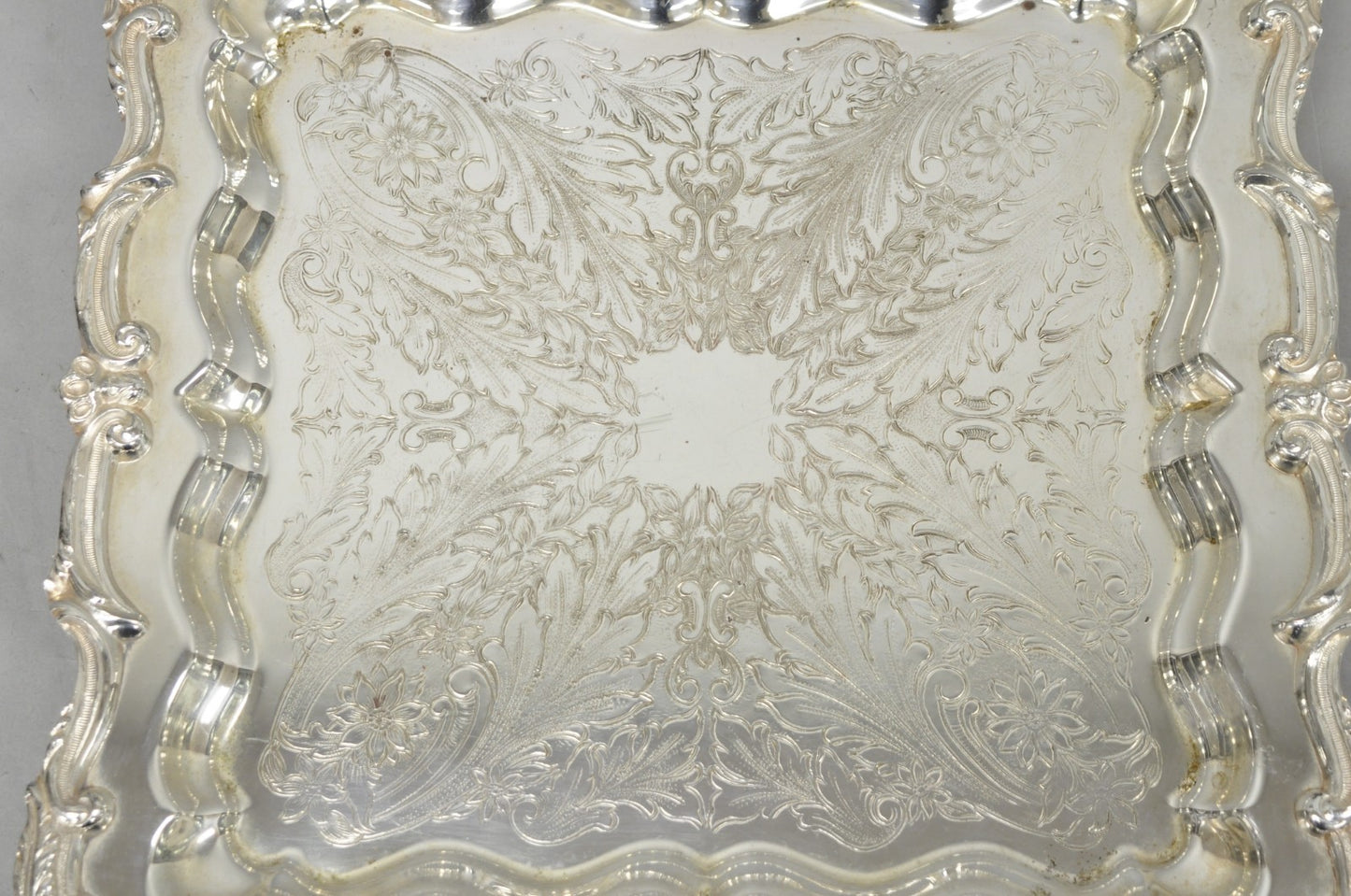 Vintage English Silver Mfg. Silver Plated Ornate Square Bar Serving Platter Tray