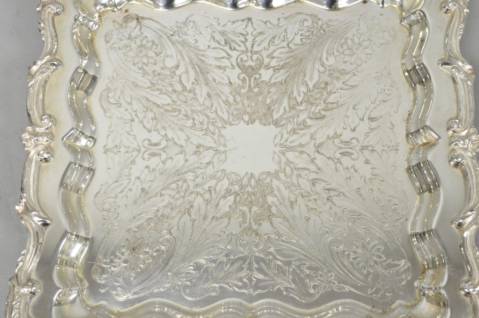 Vintage English Silver Mfg. Silver Plated Ornate Square Bar Serving Platter Tray